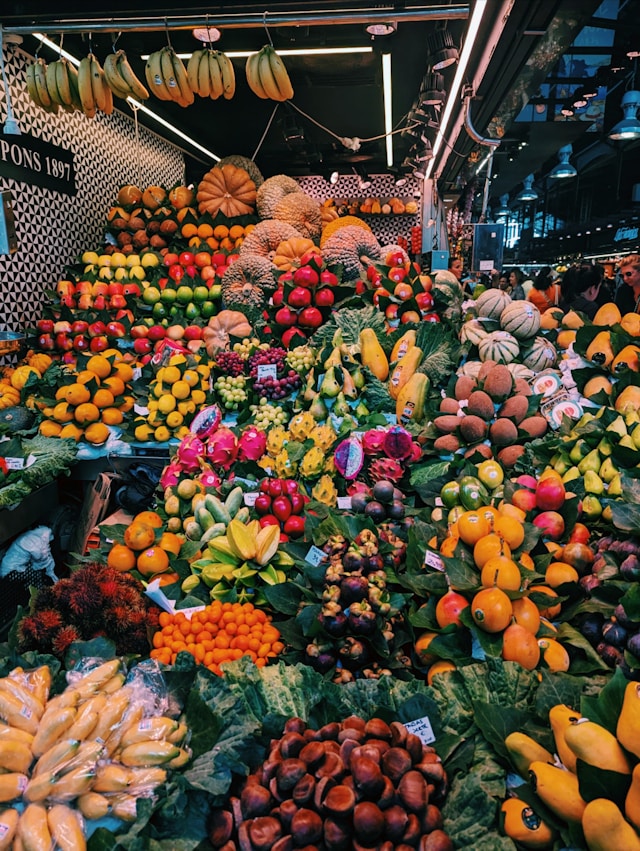 A market stall of many kinds of fruit. Food security