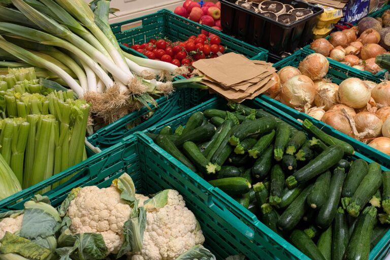 A variety of colourful vegetables stacked in green crates