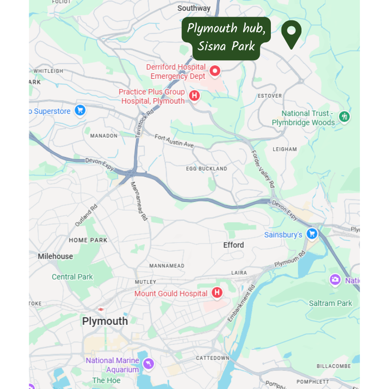 Volunteer here: Map of Plymouth, showing the hub location at Sisna Park, Estover