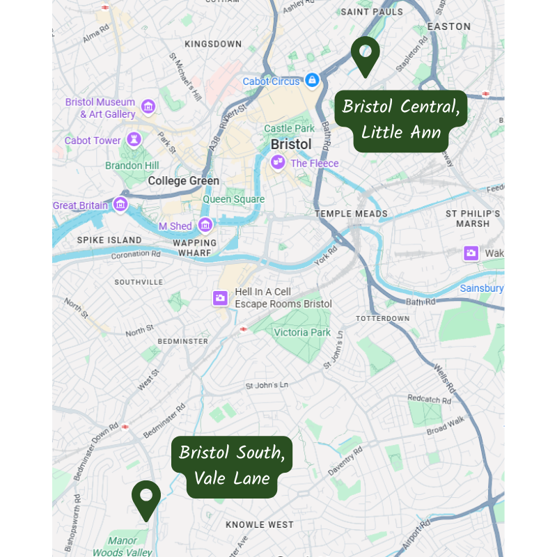 Volunteer here: Map of Bristol showing the two Bristol hubs, Bristol Central on Little Ann St in St Jude's, Bristol South at Vale Lane in BS3