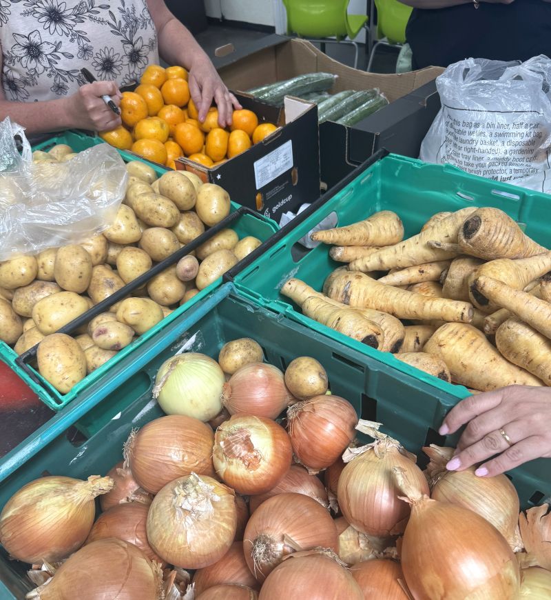 Close up of green pallets filled with different vegetables, including onions, parsnips and potatoes. They are laid out on a table and there are hands gathering the veg 